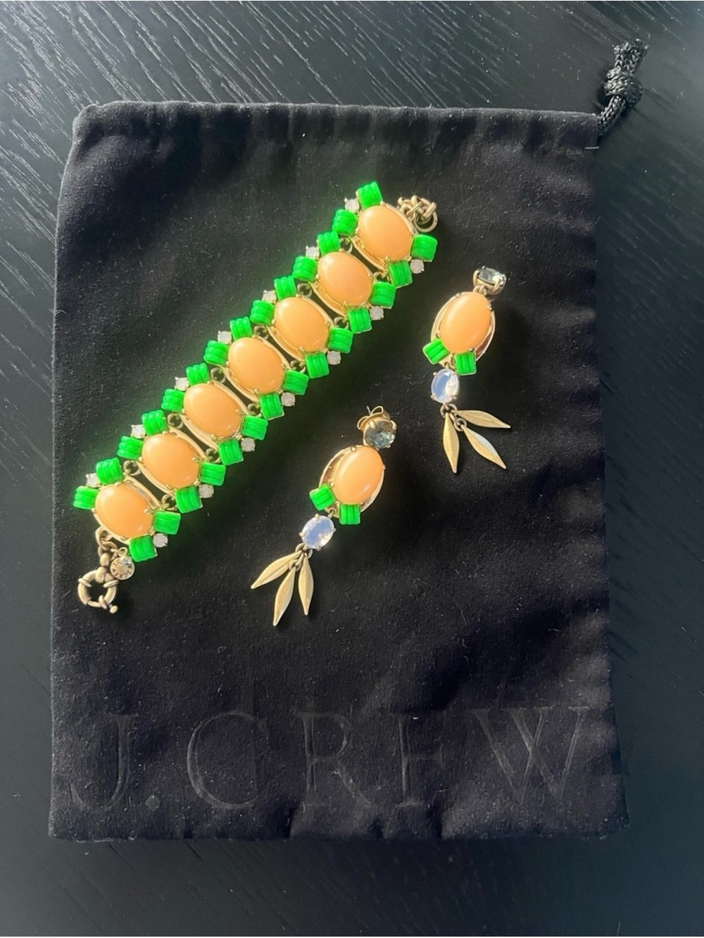 J. Crew Peach Cabochon & Bright Green Crystal Bracelet and Earrings